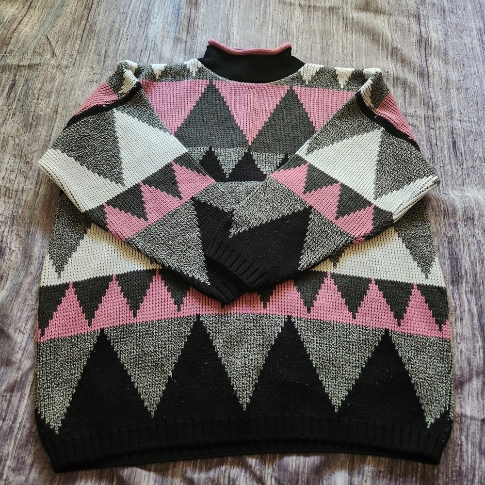 Vintage Geometric Pattern Knit Mock Neck Sweater 80s 90s‎ Pullover